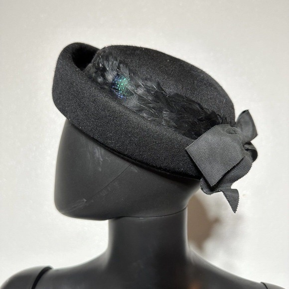 Vintage Glenover Pillbox Hat Black Wool Felt Bow Feathers Church Henry Pullak - Picture 4 of 13